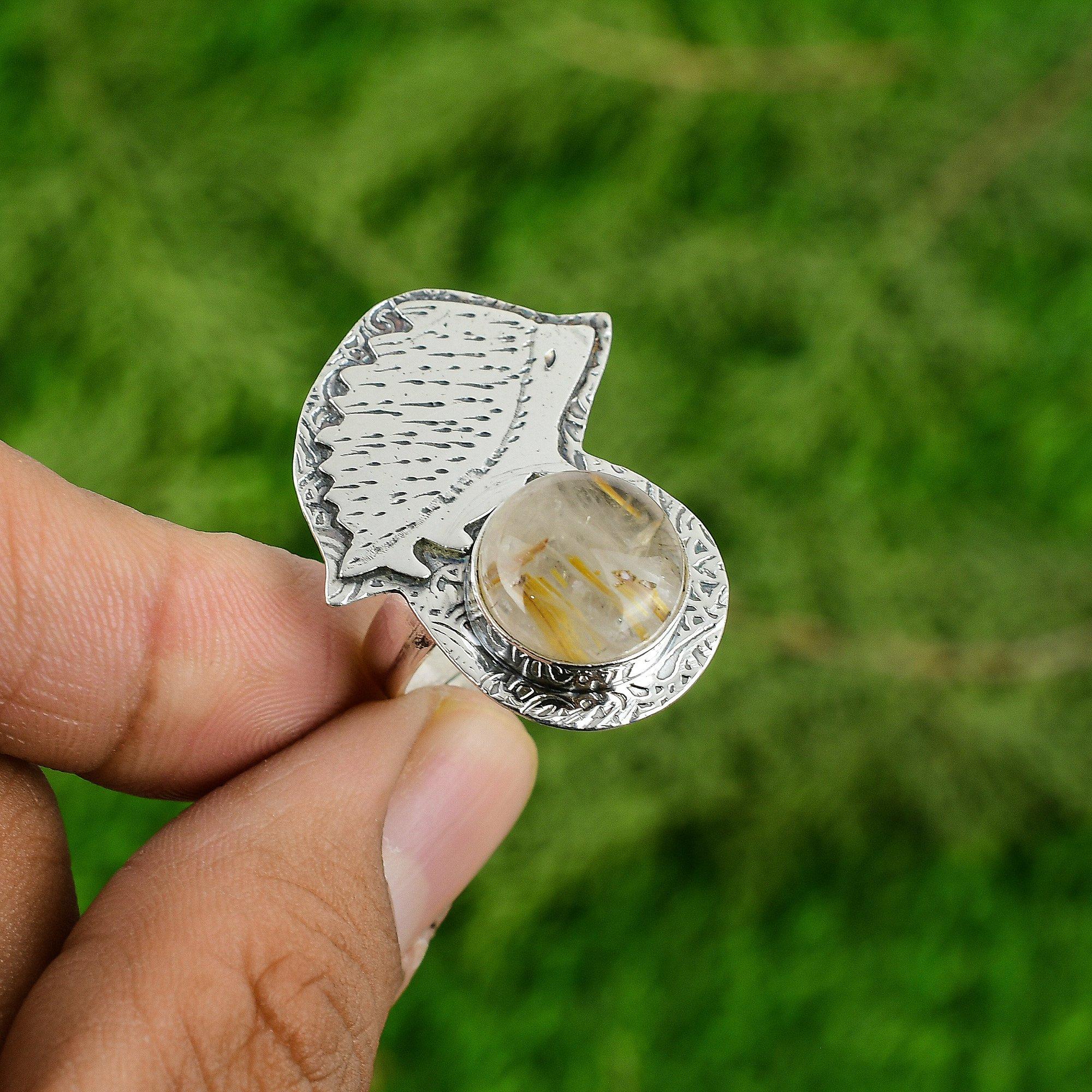 

Thanks Giving Day Sale 925 Silver Golden Rutile Stone Sister Birthday Bezel Ring Adjustable