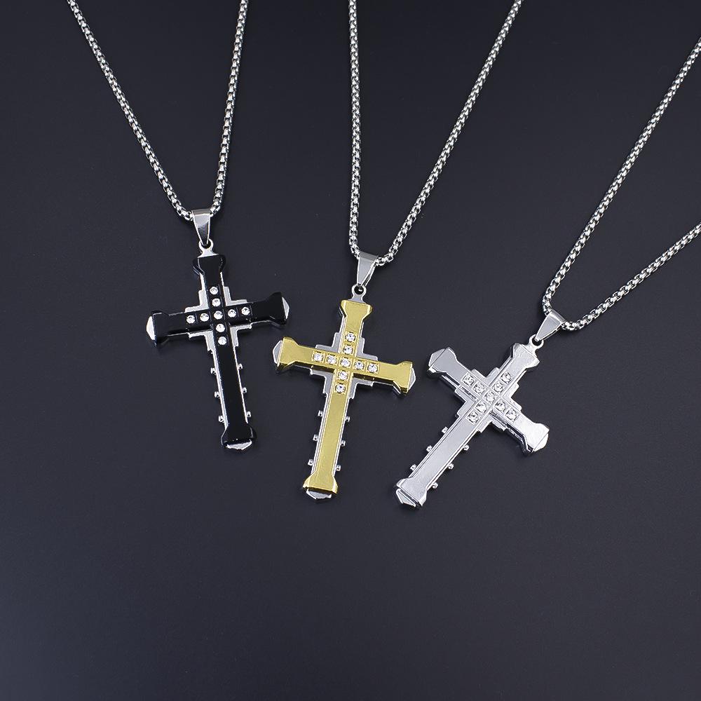 Titanium Stainless Steel Cross Necklace with Rhinestones - Men's Bold Fashion Accessory
