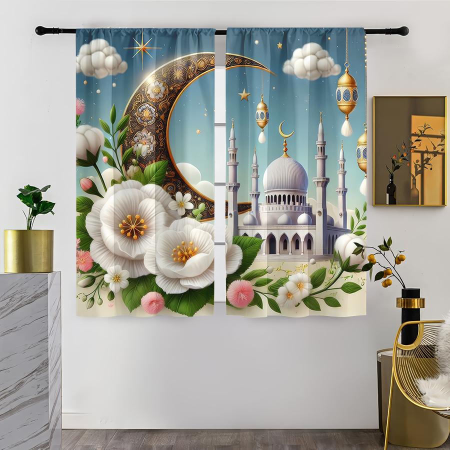 

2PCS light blue floral Islamic curtains, gentle style, bedroom and living room, decorative curtains with drawbar pockets 53x116CM-2PC