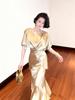 Elegant Champagne Acetate Suit for Women: Satin Top & Fishtail Skirt Set (Spring/Autumn)