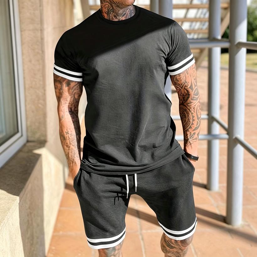 New Summer Men's Minimalist Striped Printed Comfortable and Breathable Round Neck T-shirt Shorts Set for Outdoor Casual Wear