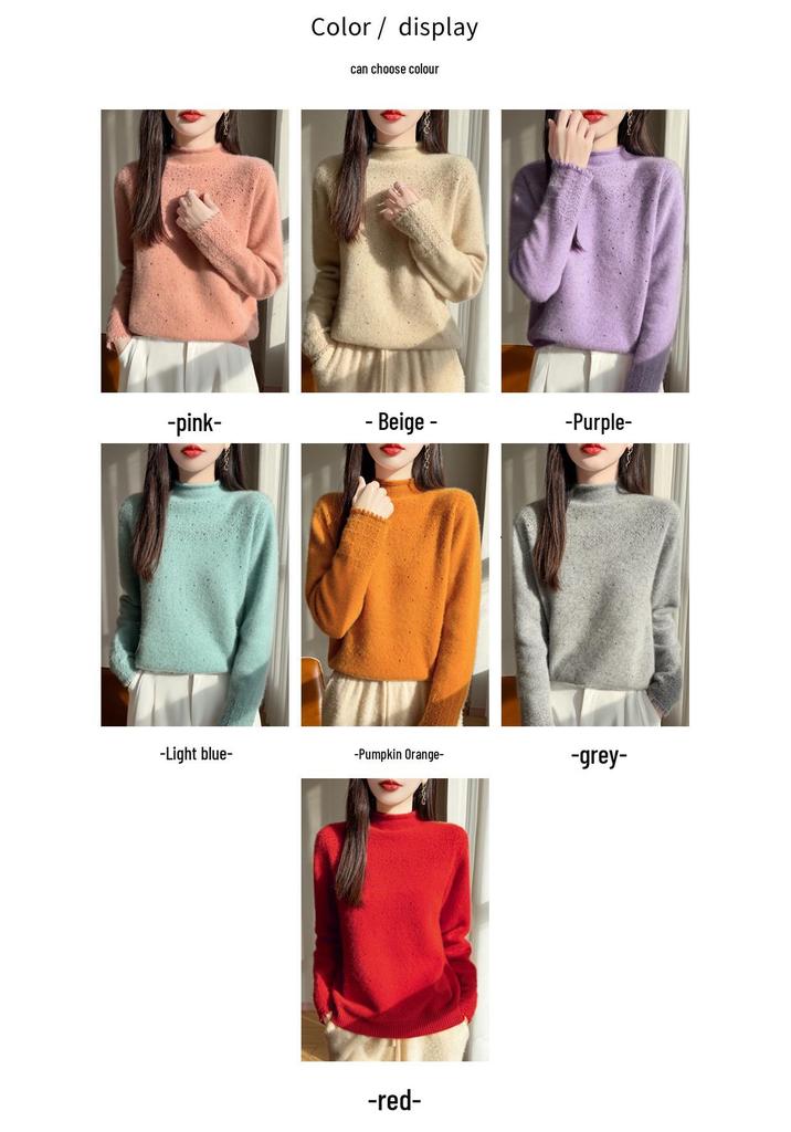 Women's 100% Pure Wool Sweater, Rolled Hem, Half-High Collar, Double-Ply, Thickened Knit, Rhinestone Inlaid, New Autumn/Winter Style