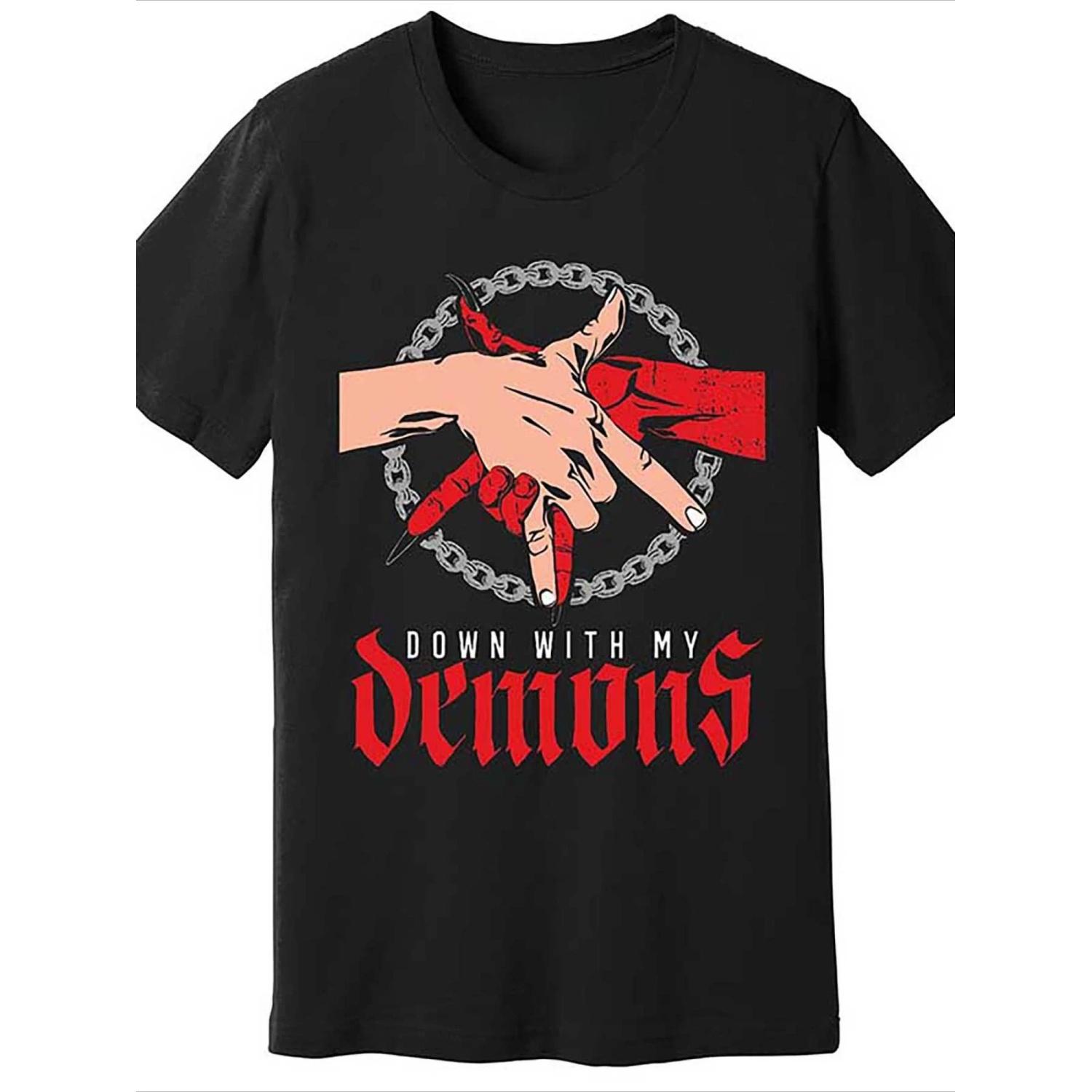 Men s  with My Devil  Pattern T-shirt - Black Cotton T-shirt with Bold Red and White Gothic Humorous Printed Casual Shirt S чёрный