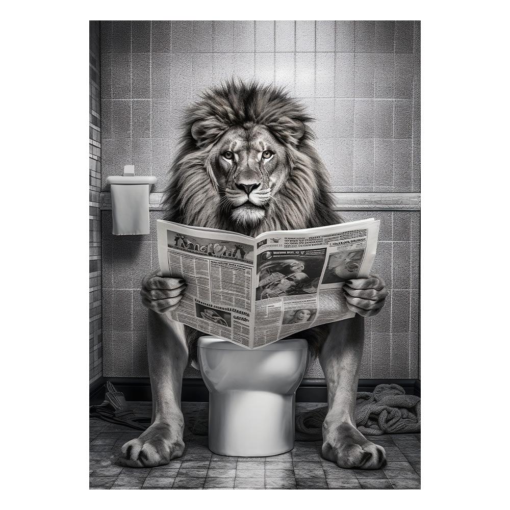 

Funny Bathroom Lion Sitting on Toilet Reading Newspaper Poster Modern Wall Art HD Picture Canvas Print For Room Home Decor 20x30cm