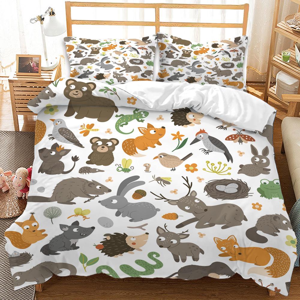 3D Cartoon Animal Bedding Set Microfiber Duvet Cover 2/3 Pieces DE135 * 200 Children's Room Soft and Easy To Clean Household Decoration