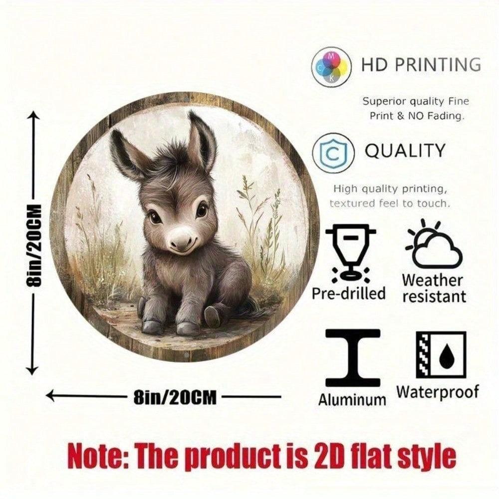 Vintage Donkey Metal Sign 8x8 Inch Retro Farmhouse Tin Round Aluminum Wall Art 2D Flat Decor for Home Bar Cafe Man Cave