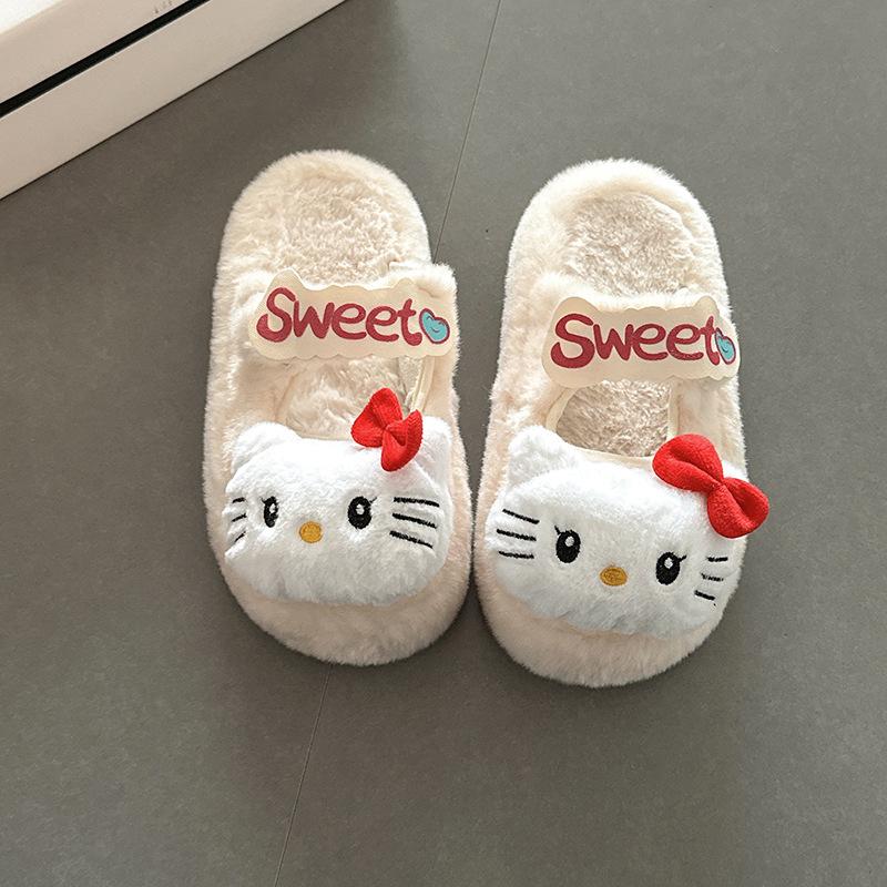Cartoon Hello Kitty thick-soled warm fluffy shoes for women's 2025 autumn and winter new fashionable retro Velcro bag head slippers