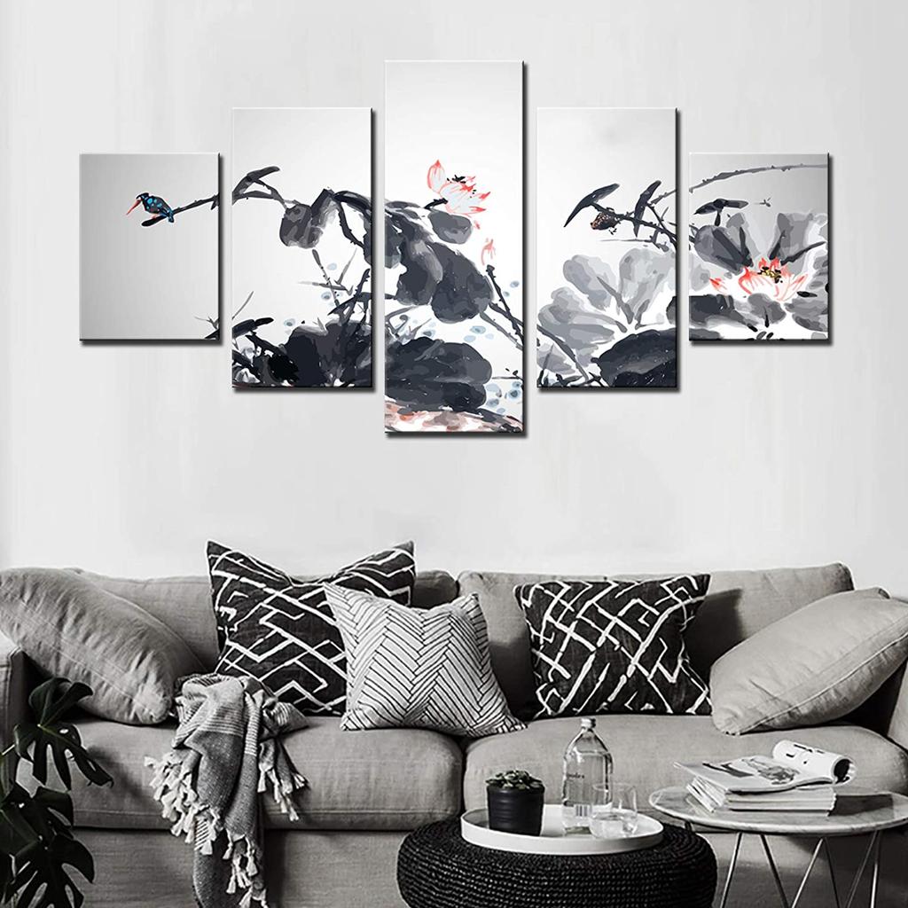 5 ks Rodinné Černobílé Obrazy Krajiny Lotosu Umělecké Obrázky v Čínském Stylu Plakát HD Tisk Bez Rámů 5 Panelů Dekorace Pokoje Plátno