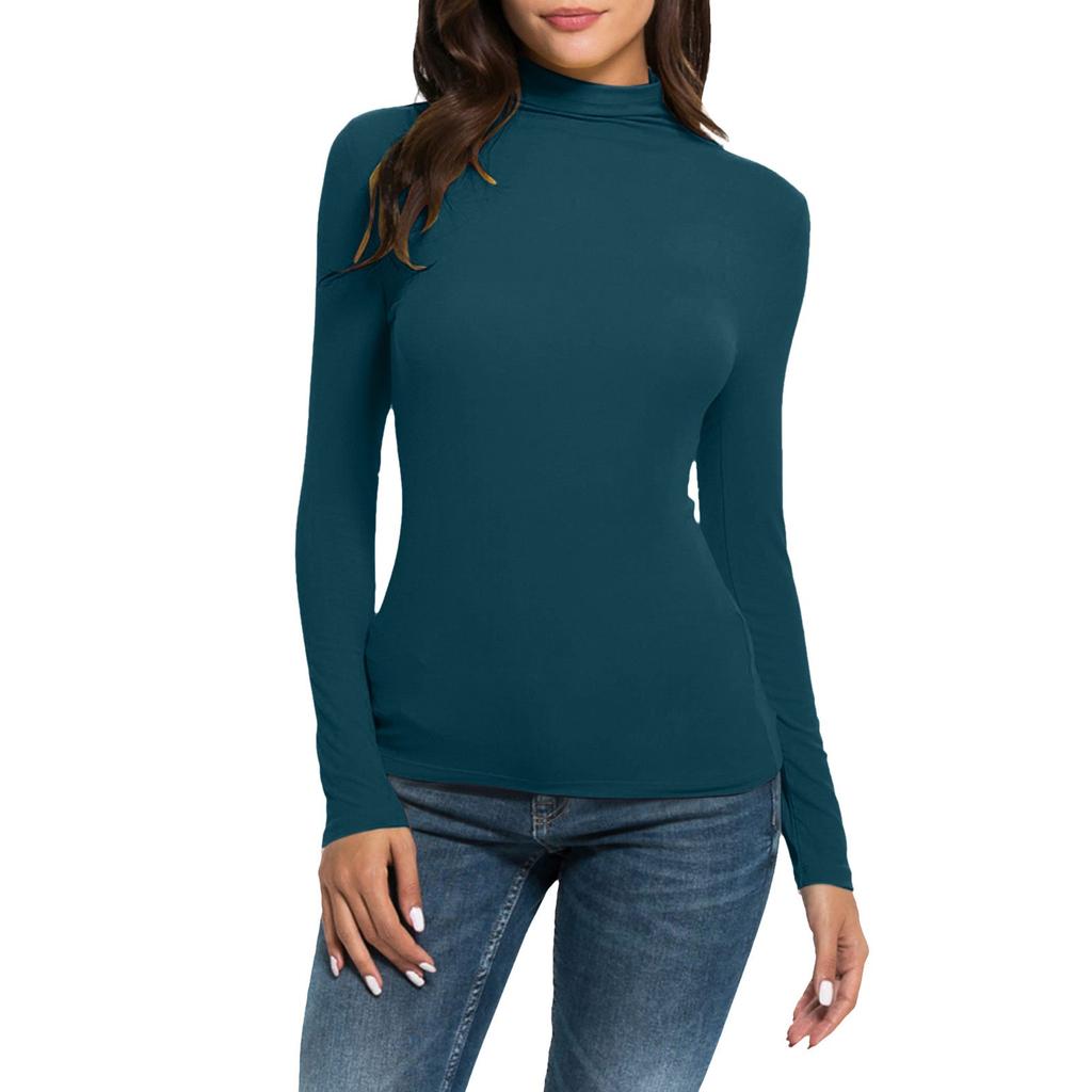 Women's Fashion Slim-Fit Stretch Base Layer Top Solid Colour Long-Sleeved Blouse