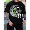 Men's Soft Breathable 100% Cotton Space Graphic Tee - Alien & Astronaut Moon Design Loose Fit Shirt In Black/Green/White Color Block for Everyday &
