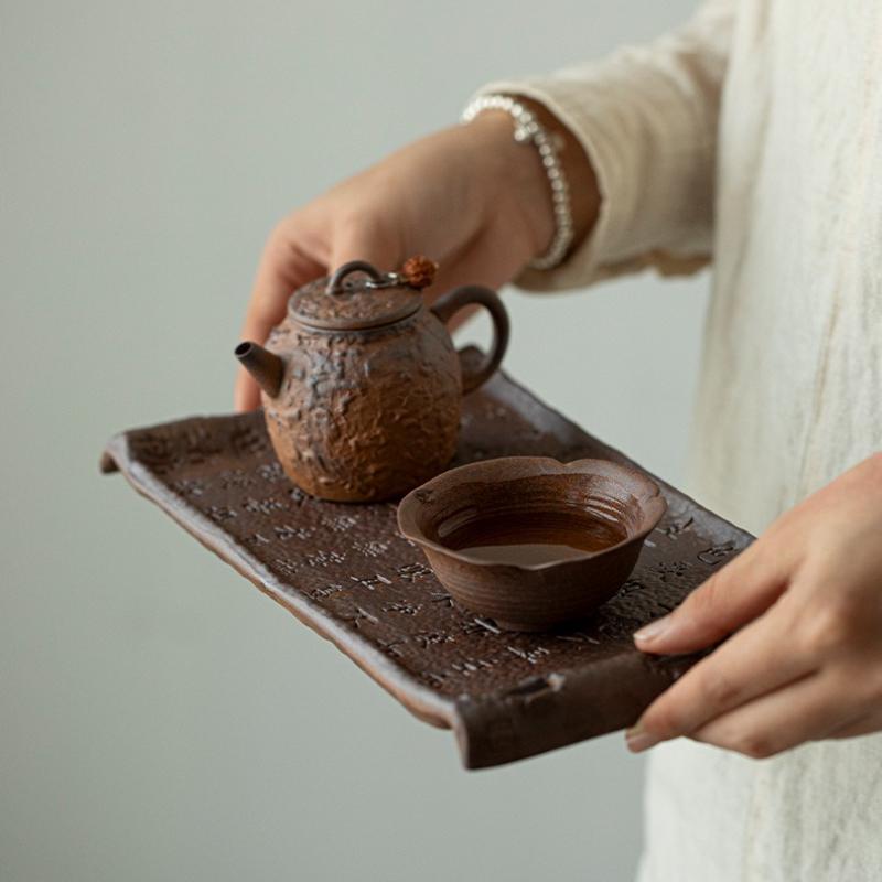 Rough Pottery Retro Old Rock Mud Tea Tray Kung Fu Tea Set Ceramic Tray Tea Table Desktop Rectangular Retro Home Dry brewingPlate