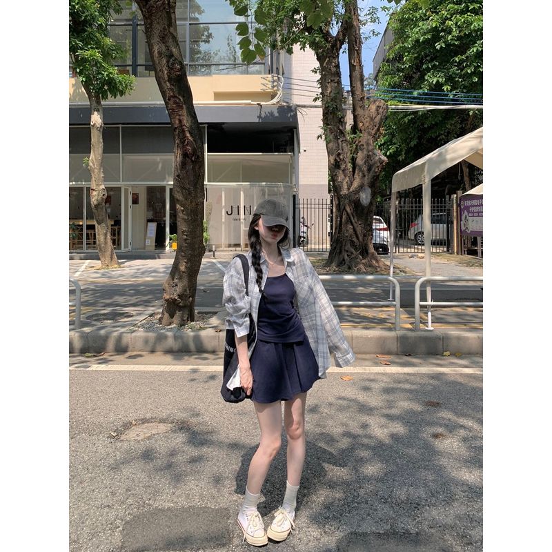 Kumikumi Fashion Suit Long Sleeves Shirt Women's Autumn Inner Suspender Vest Slimming Versatile Shorts Three-Piece Set