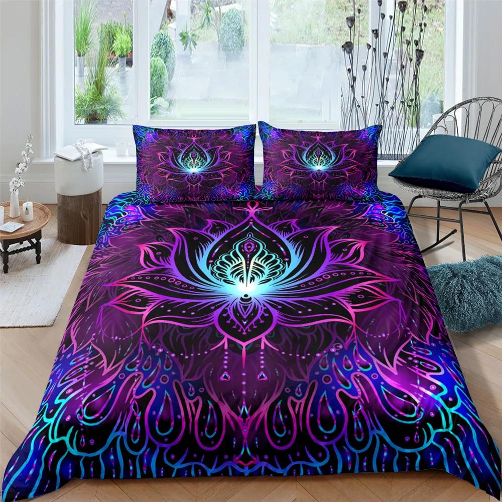 2/3dílná Sada na postel Bohemian Lotus Sada povlaku na přikrývku Mandala Květinový povlak na přikrývku Pro dospělé Černá Polyesterová sada ložního prádla Queen King Twin Pro teenagery