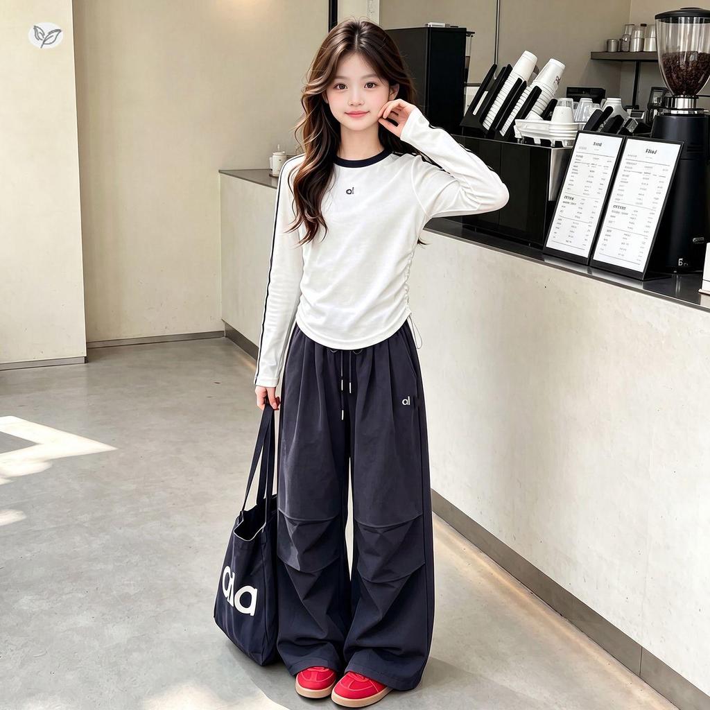 Girls' Embroidered Letter Two-Piece Set: Drawstring Wide-Leg Pants & Base Layer Top for Autumn 2026