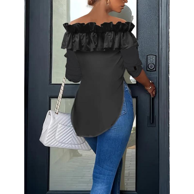 Neues schulterfreies Rüschenlangarmshirt Frühling Damen Casual Unregelmäßige Bluse Einfarbig Slim Fit Mode Büro-Dame Oberteil