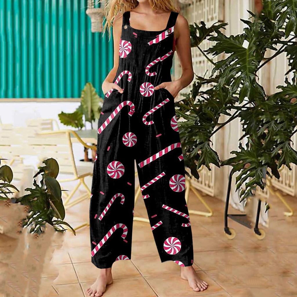 Women's Fashion Christmas Print Casual Retro Sleeveless Button Jumpsuit