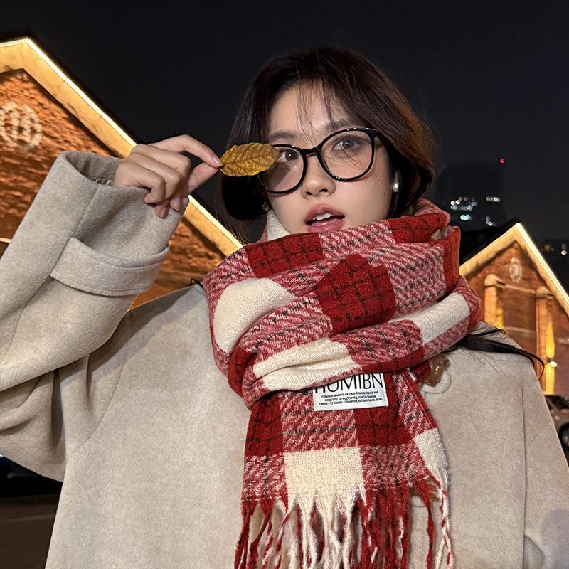 Plaid scarf new warm thickened shawl student versatile winter England fringed imitation cashmere scarf