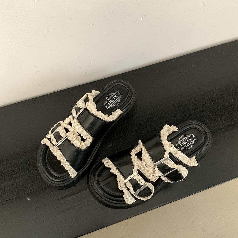 Fashion tassel black popular thick-soled one-word slippers women's summer wear 2025 new high-end cool slippers