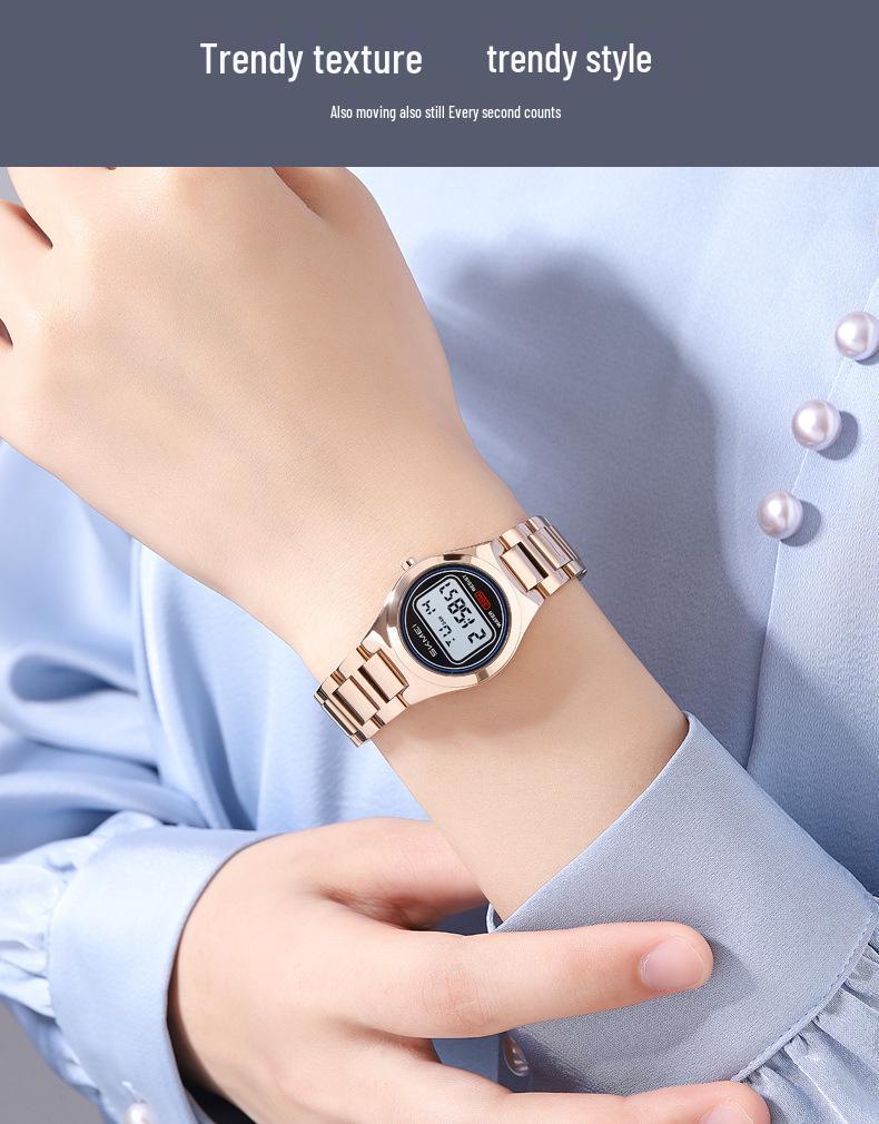 Shíkèměi 2334 Multifunktionale LED-Elektronikuhr für Damen mit Stahlarmband