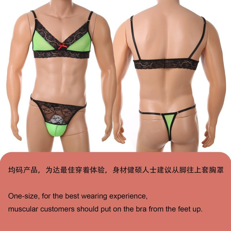 Conjunto de Lencería Sissy para Hombre con Ribete de Encaje Malla Transparente Sujetador Tanga Conjunto de Ropa Interior Outfits Exóticos para Crossdresser Gay Femboy Exótico Ropa de Dormir de 2 Piezas