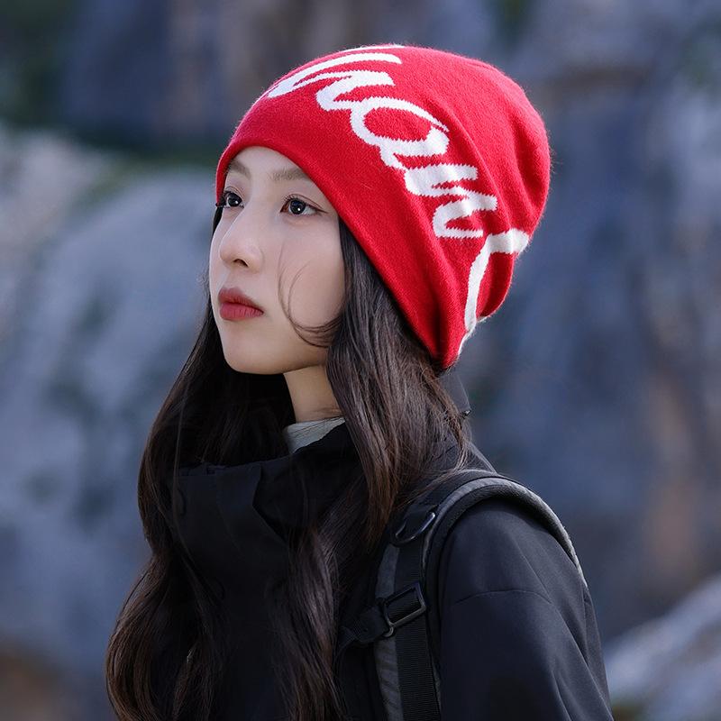 New Knitted Hats Men's and Women's Knitting Alphabet Beanies Warm Ear Protector Pullover Hat Big Head Show Face Small Pile Gorra