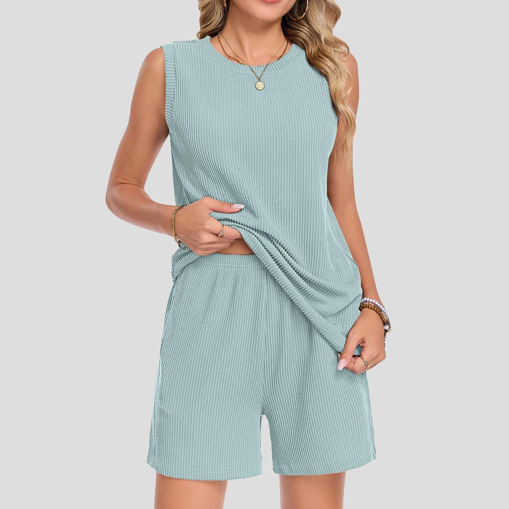 Women Sleeveless Crew Neck Tank Top and Shorts Set with Pocket Relaxed Fit Two Piece Outfits for Daily Wear