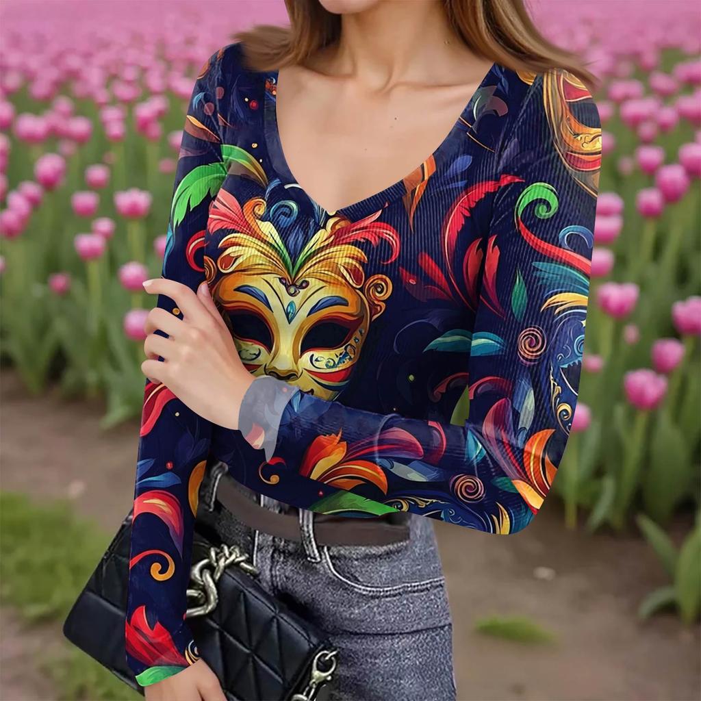 Women's Winter Slim-Fit Base Layer T-Shirt Fashionable Print V-Neck Pullover Long-Sleeved Top