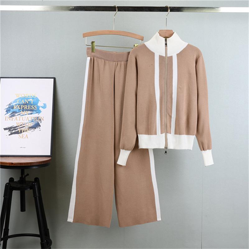 Autumn Women'S Fashion Zipper Jacket Knitted Suit Temperament Color Blocked Wide Leg Pants Two Piece Set
