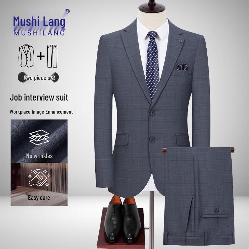 MUSHILANG Men s Slim Fit Plaid Business Suit Set L