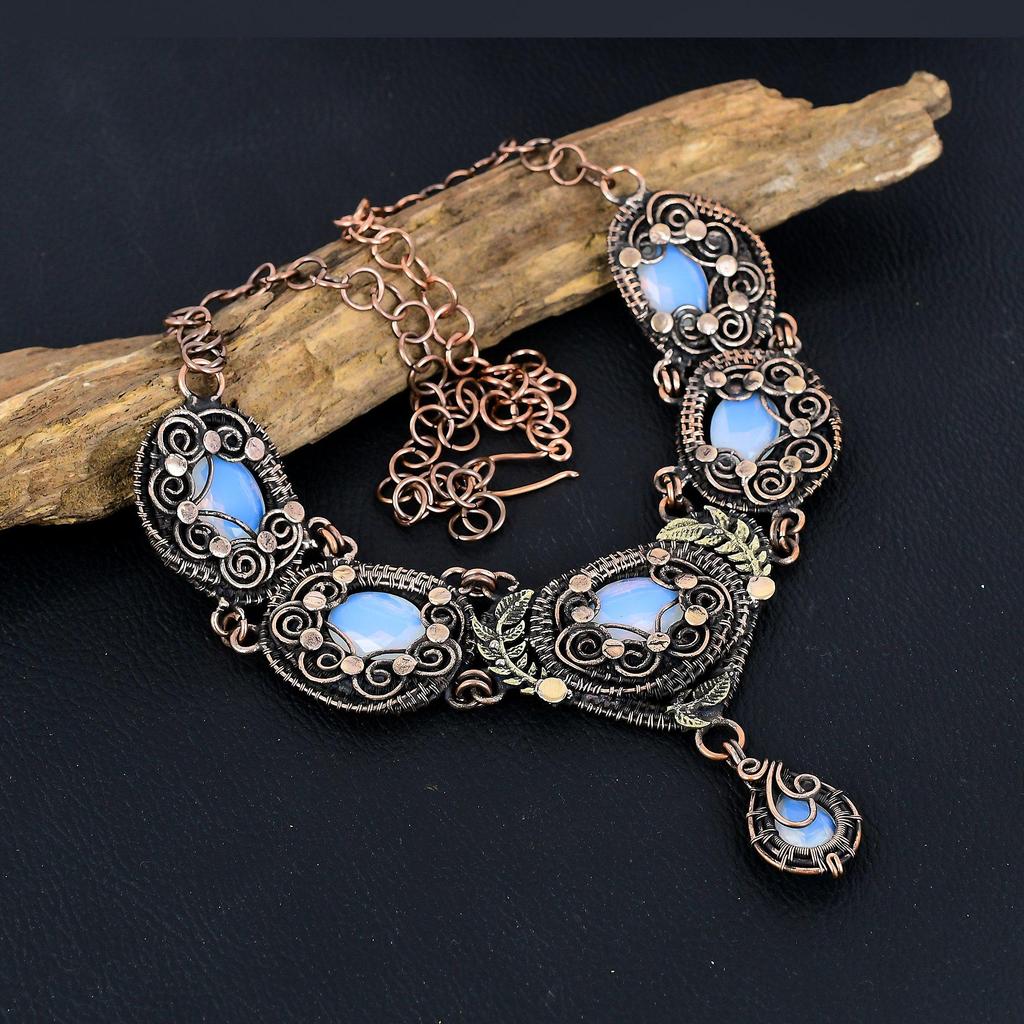 Milky Opal Necklace Gemstone Jewelry, 999 Copper Wire Wrapped Adjustable Chain Necklace, Gift For Women Handmade Necklace