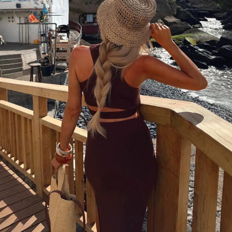 Women Casual Solid Color Sleeveless Cropped Top Slit Midi Skirt Two Piece Set
