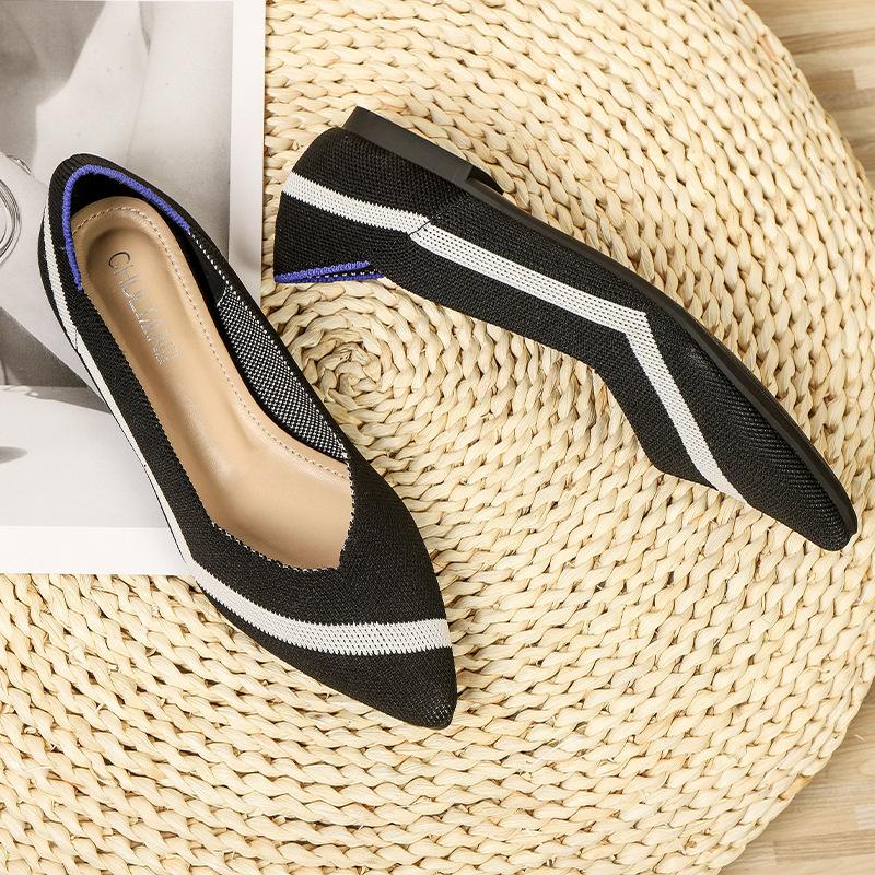 Pointed Fly-woven Shoes Flat-bottomed Breathable Woven Boat Shoes Leopard Print Light Mouth Striped Single Shoes Women