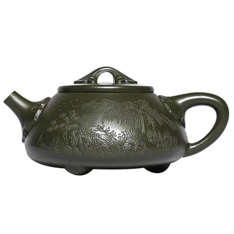 Yixing Original Mine Green Clay Handmade Carved Purple Clay Teapot Landscape Ruyi Stone Ladle Purple Sand Pot Chinese Teapot