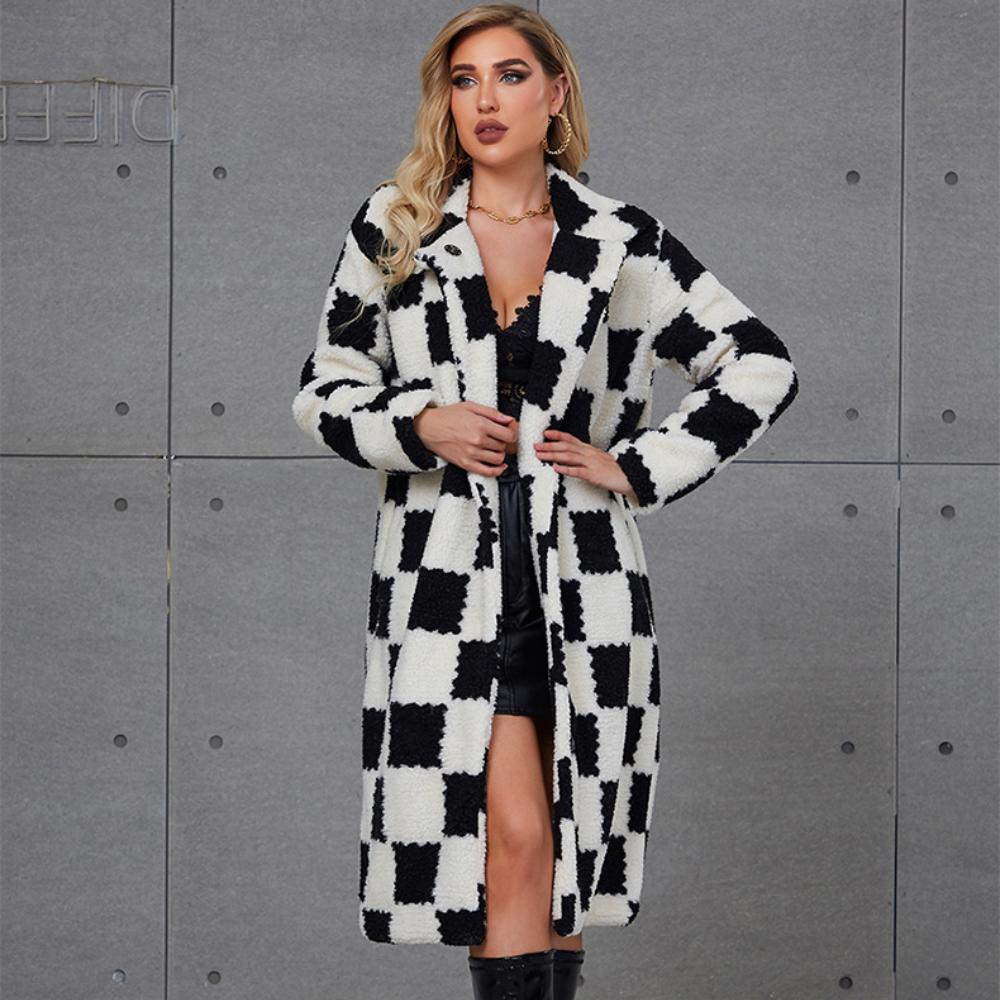 2025 New Faux Fur Coat Women's Mid To Long Black and White Checkered Women's Coat