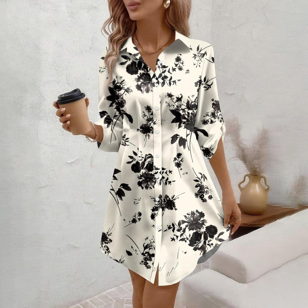 Damen Locker sitzendes V-Ausschnitt Langarmkleid Druck Arbeitshemdkleid