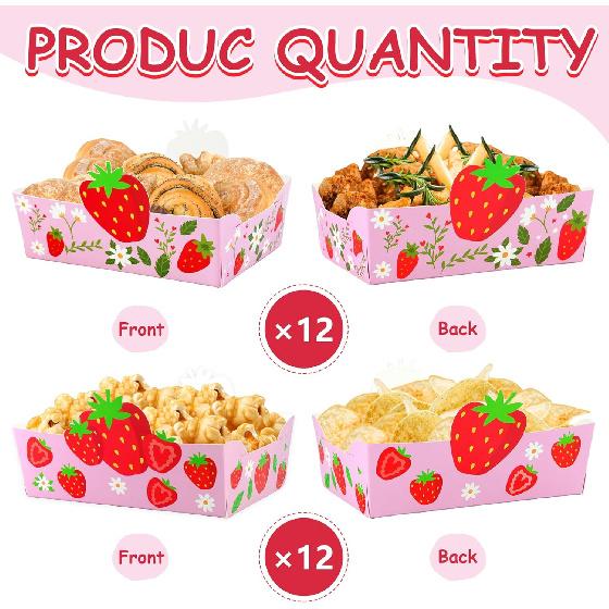 24Pcs Strawberry Paper Food Trays Cute Strawberry Snack Bowl Disposable Berry Dessert Boats for Strawberry Birthday Party Decoration Supplies