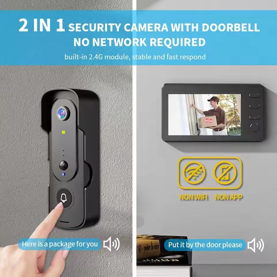 Wireless Video Doorbell Two Way Voice Video Intercom System Wireless Video Doorbell Camera with Monitor 120 Degree Viewing Angle M2 4.3" Screen