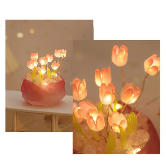 Tulip Night Light Material Pack Handmade Desk Lamp Kit with Warm Light Flower Petal Light String Decoration Romantic Atmosphere Light for Bedroom Car
