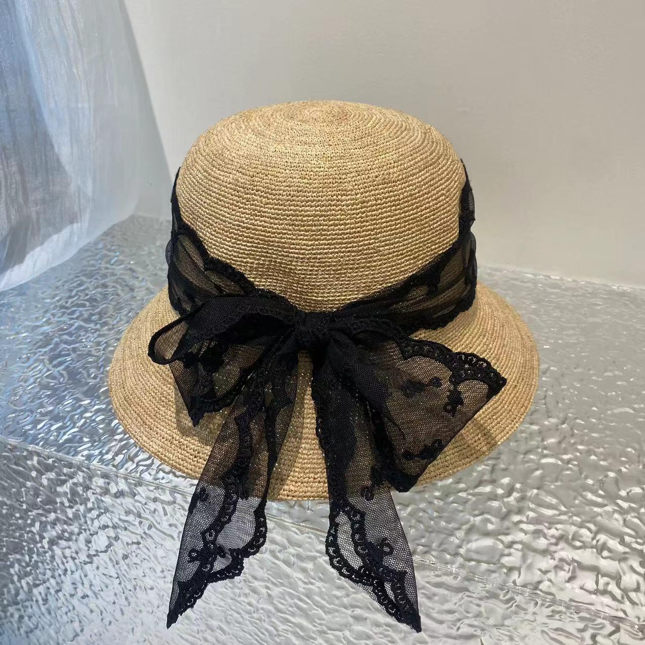 

Женская шляпа из соломы с кружевным бантом высокого класса - Широкие поля, дышащая, защита от солнца для лета чёрный