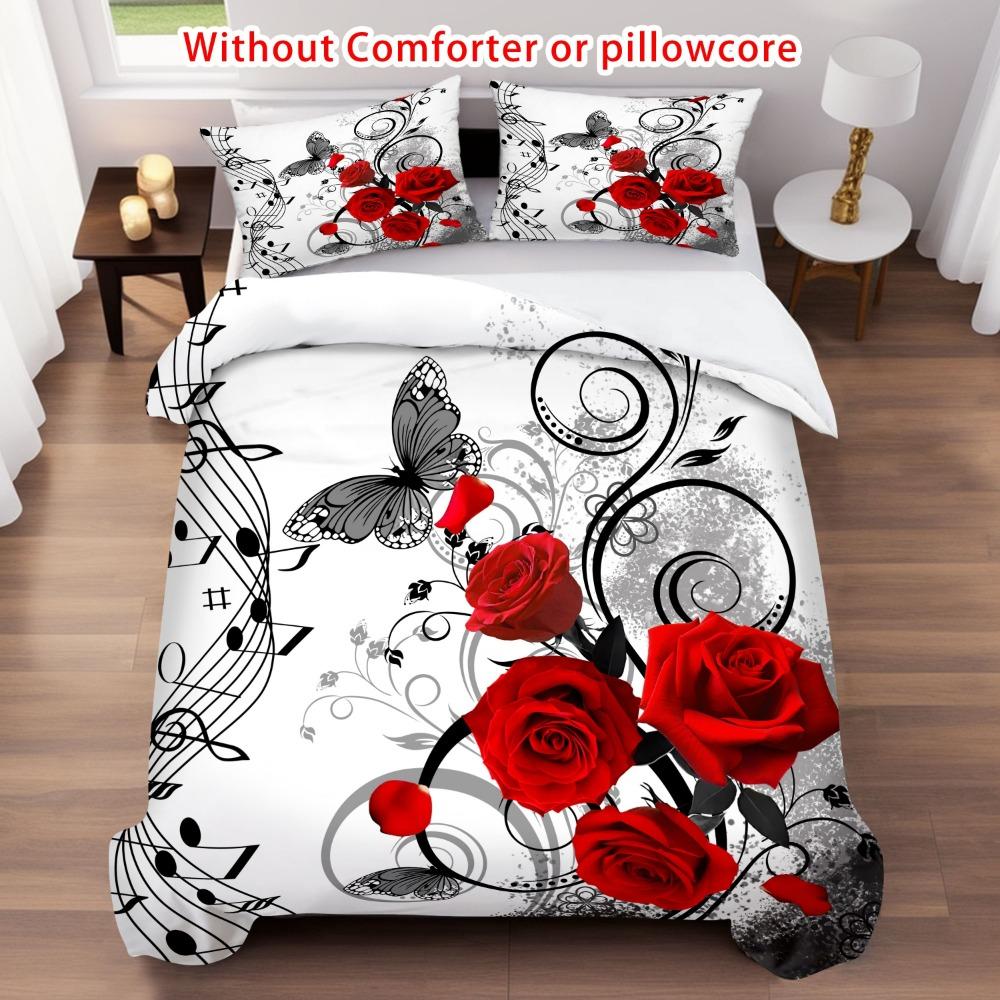 3pcs White Bedding Set Musical Score Red Rose Print Cozy Duvet Cover Set King Queen Twin Single Size Birthday Gift Bedroom Decor