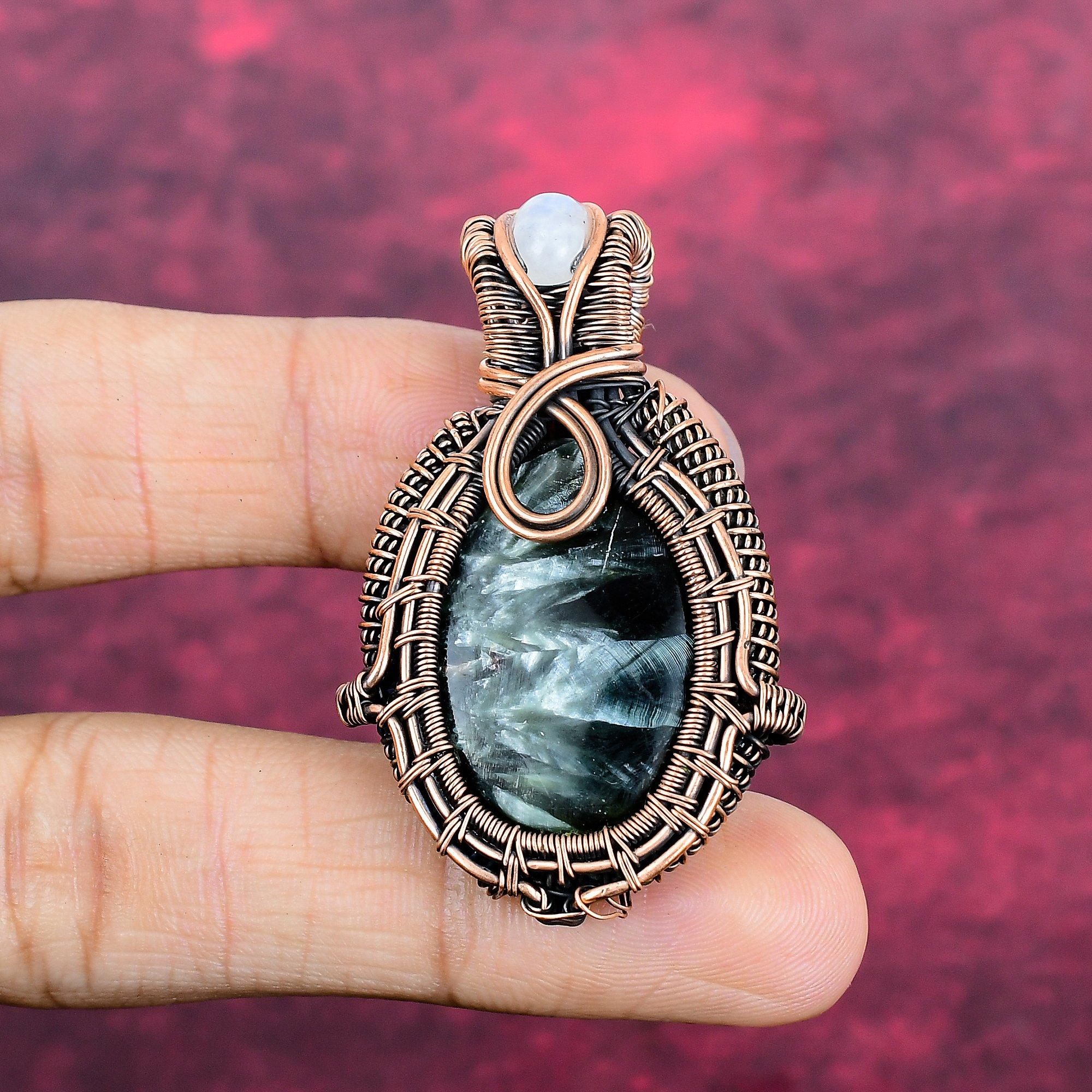 Seraphinite Gemstone Pendant Copper Wire Wrapped Jewelry Rainbow Moonstone Pendant