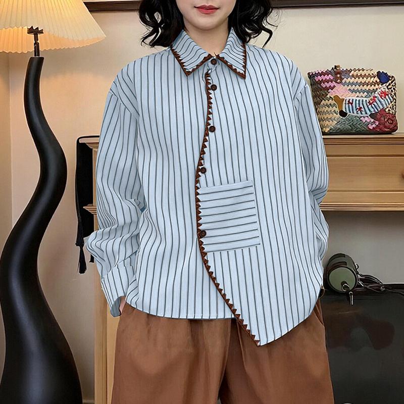 ZANZEA Women Stripe Print Loose Casual Long Sleeve Blouse