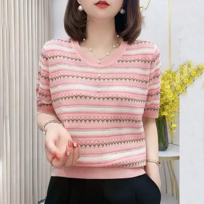 Chemisier d'été pour femme, en maille jacquard géométrique, col rond, manches courtes, coupe ample et décontractée