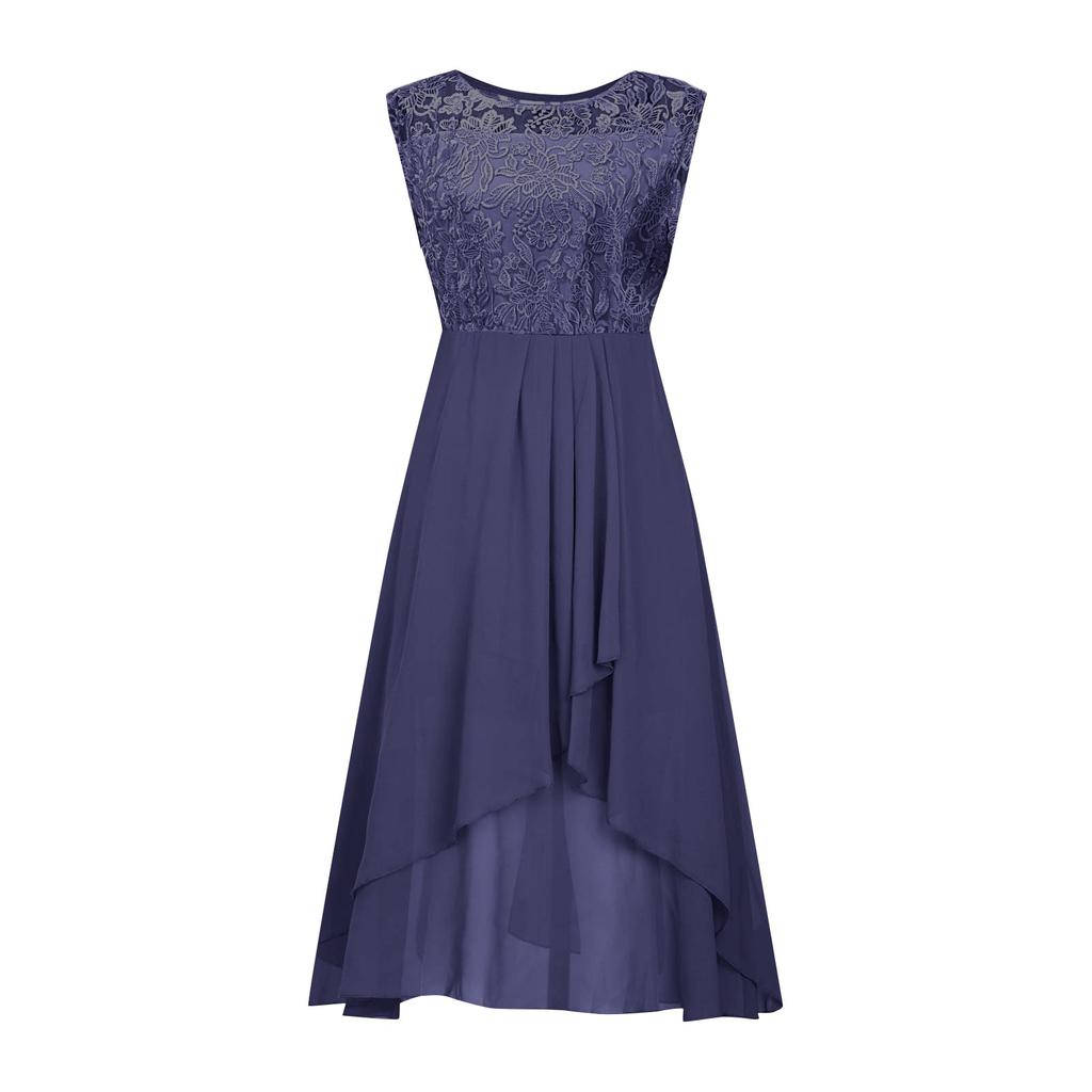 Damekjole Chiffon Elegant Lace Patchwork-kjole Utskjært Ermeløs kjole Brudepike aftenkjole