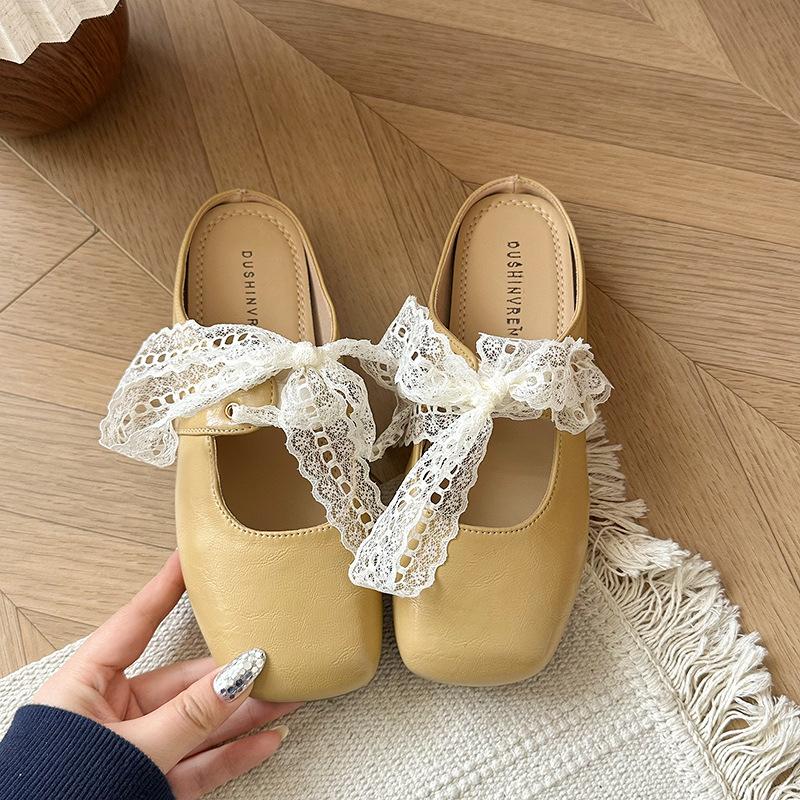 Flat Bottom Gentle Fairy Wind Soft Bottom Bag Head Slippers Female 2025 Summer Square Head French Lace Bow Half Slippers