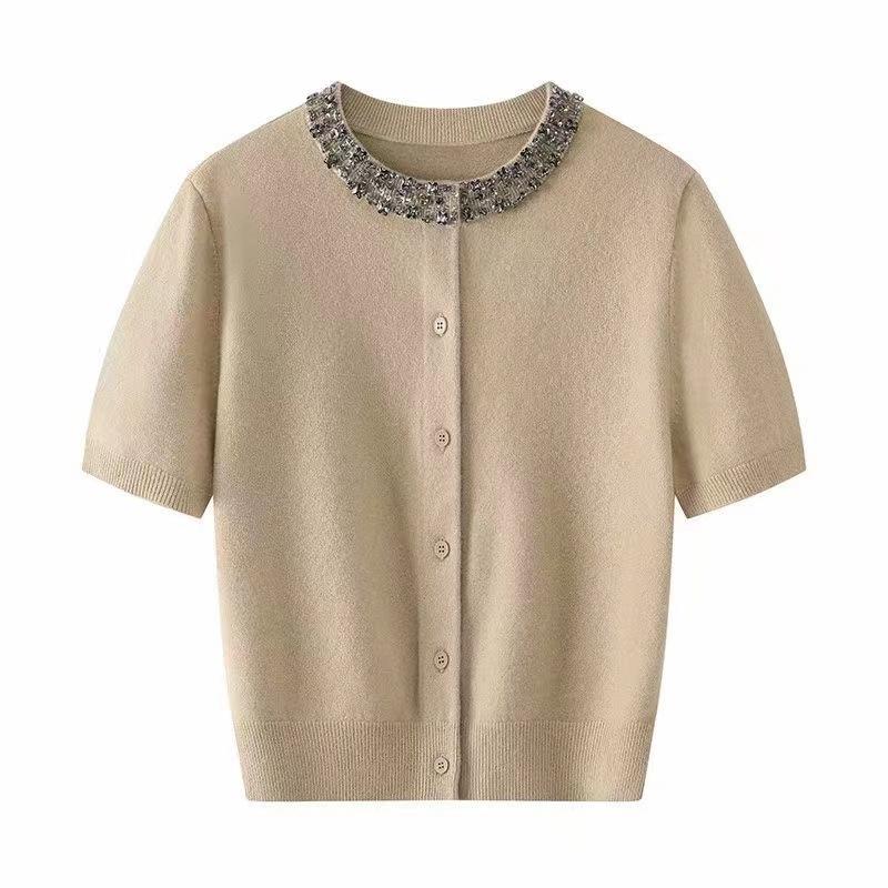 Design Sense Heavy Industry Nail Drilling Short Sleeve T-Shirt Summer New Soft Skin-friendly Skinny Bottom Shirt Knitted Sweater Top