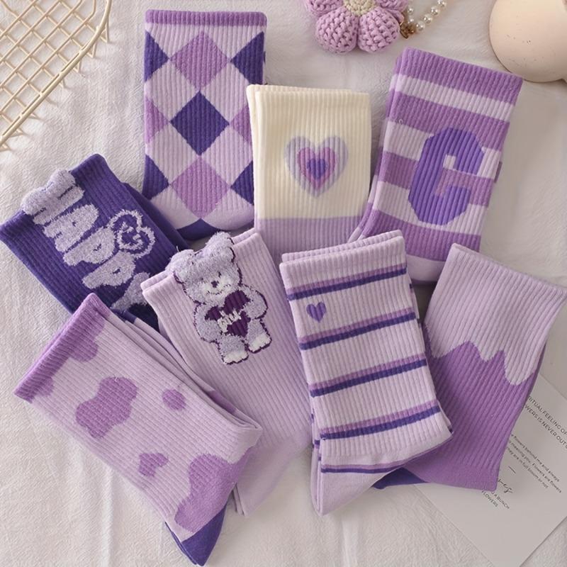 5 Pairs Women'S Mid-Calf Socks Purple Socks Autumn Winter High Aesthetic Long Tube Cute ' Trendy Socks Suitable for Daily Use