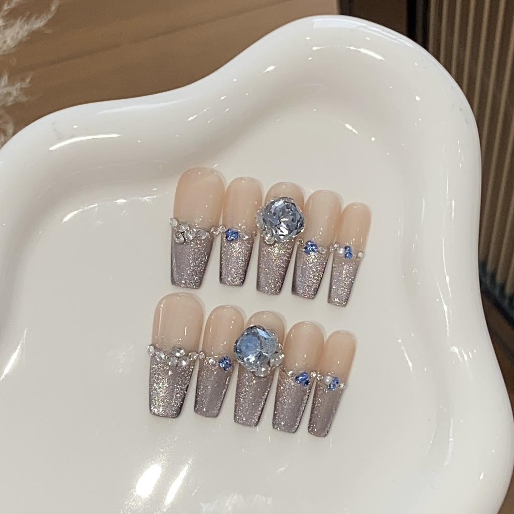 Pure Handmade Nude Color Gradient Gray Purple Cat Eye Small Broken Diamond Pile Square Diamond Manhattan Wear Armor