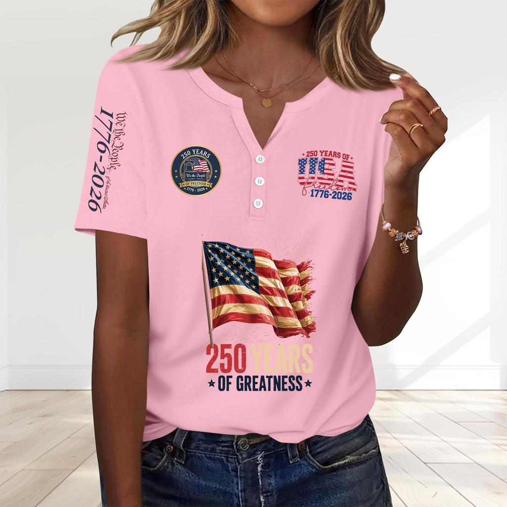 Women's Fashion Casual 250th Anniversary Independence Day Print V-Neck Short Sleeve Decorated Button-Up T-Shirt