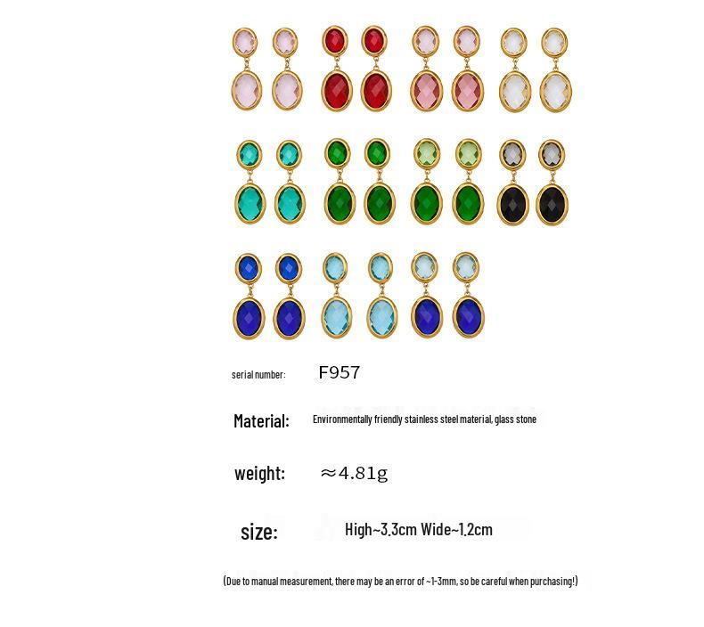 Orecchini a Pendente Ovali Geometrici Placcati Oro 18K con Pietra di Vetro Sfaccettata